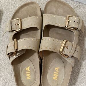MIA Taupe Sandals with Metallic Buckles